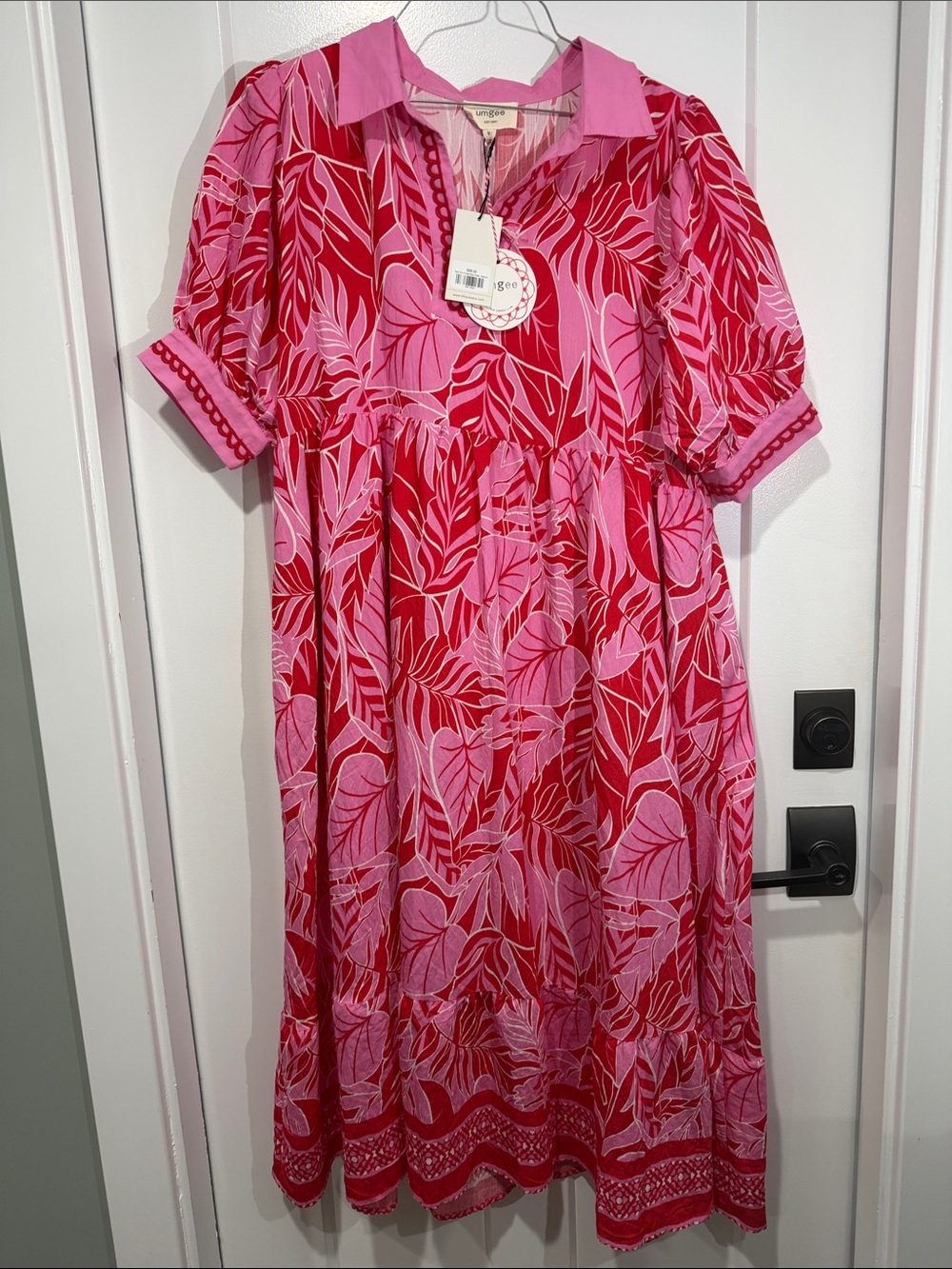 Umgee Pink and Red Leaf-Print Maxi Dress
